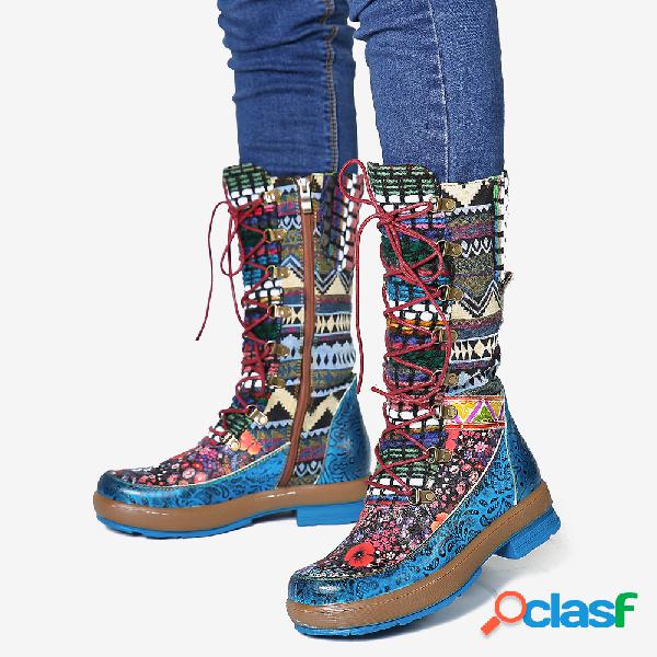 SOCOFY Em relevo Couro Genuíno Colorful Lã ata acima botas