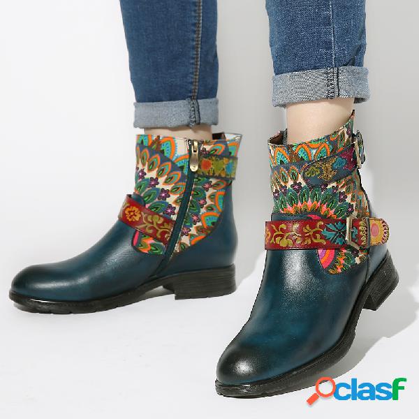 SOCOFY Fivela de metal Padrão Couro Genuíno Botas baixas