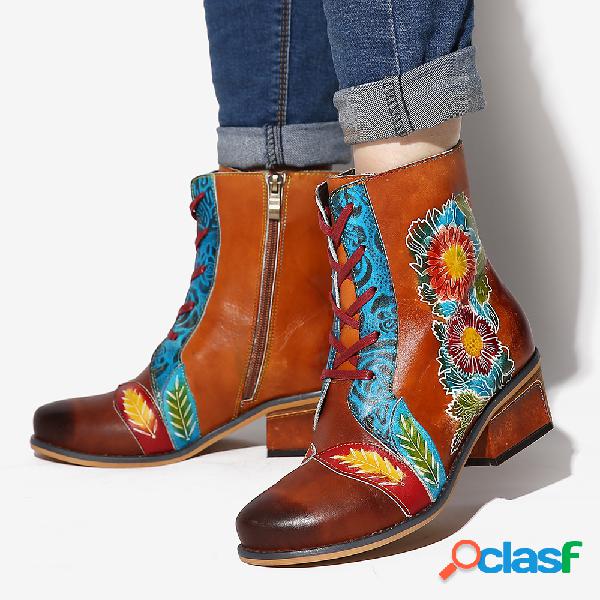 SOCOFY Retro Flower Padrão Couro Genuíno Botas curtas