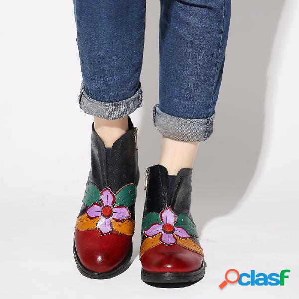SOCOFY Retro Folha Flor Couro Genuíno Emendando Soft Botas