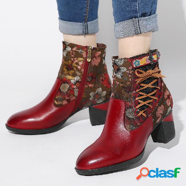 SOCOFY Retro impresso Sun Flower Lace Up Zipper Soft Botas
