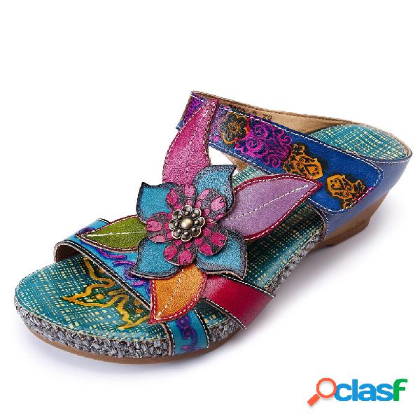 SOCOFY Sandália de Couro Velcro Boêmica Ajustável Flor