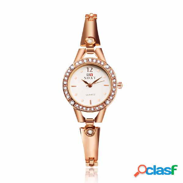 SOXY Relógio Luxuoso Simples Liga Rosa Dourada com Strass