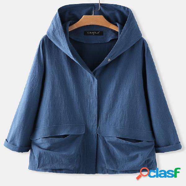 Sloid manga comprida com capuz fino casaco casual com Pockt