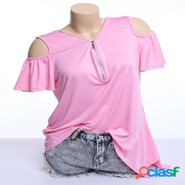 Solid Color Casual Cold Shoulder Mulheres T-shirts