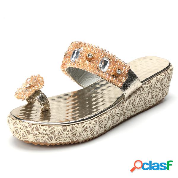 Strass ClipToe Gold Filp Flops Sandálias com Plataforma