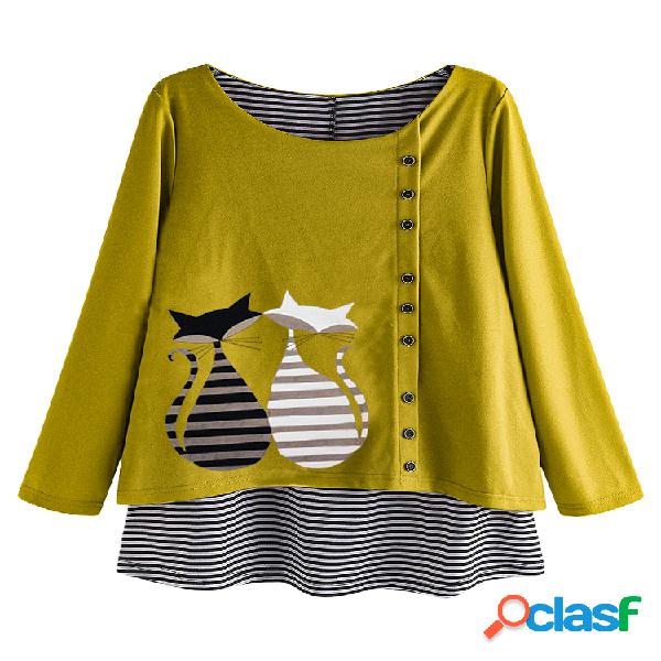 Stripe Faux Two Pieces Cartoon Imprimir manga comprida Blusa