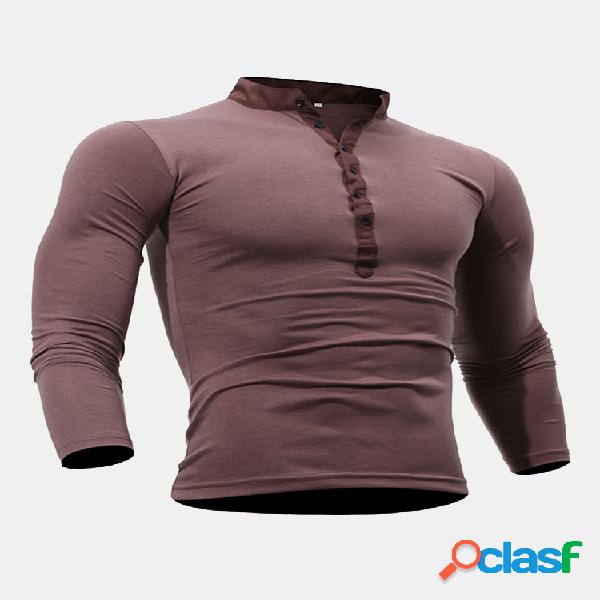 T-shirt de algodão respirável com botão e Manga longa Cor