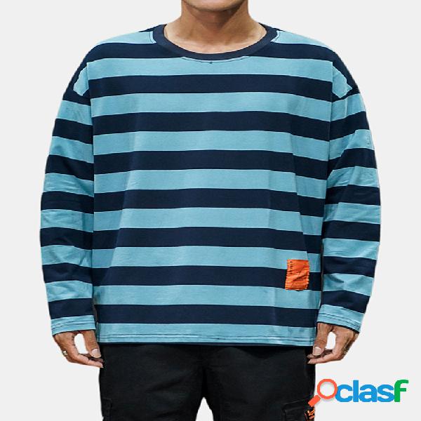 T-shirt de manga comprida listrada de bloco de cor casual