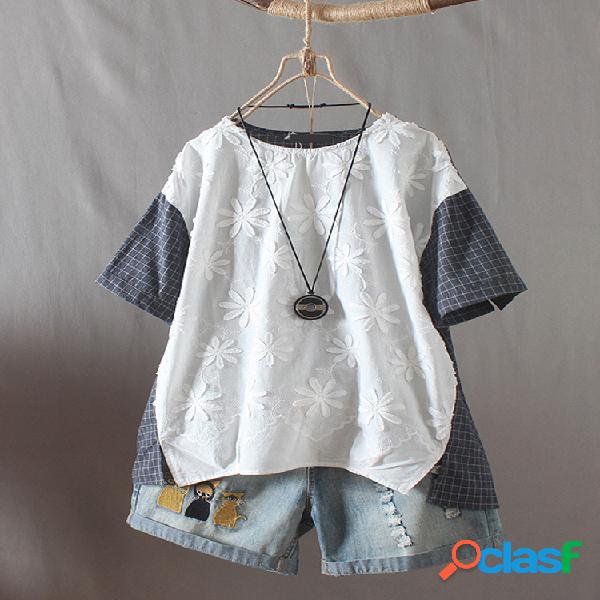 T-shirt de manga curta O-pescoço de manta de flor
