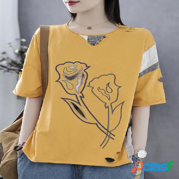 T-shirt de manga curta de retalhos de impressão de bordado