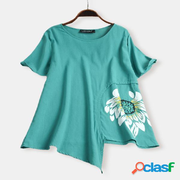 T-shirt floral irregular do O-pescoço da bainha dos