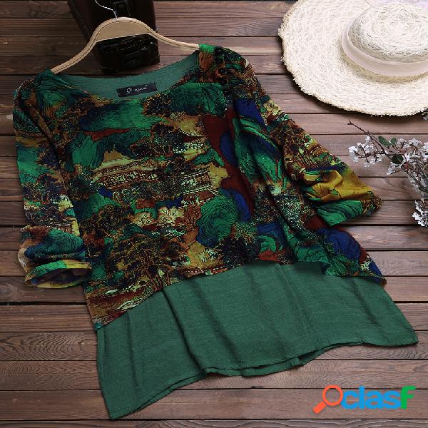 Vintage Chiffon Print Patchwork Plus Blusa de tamanho para