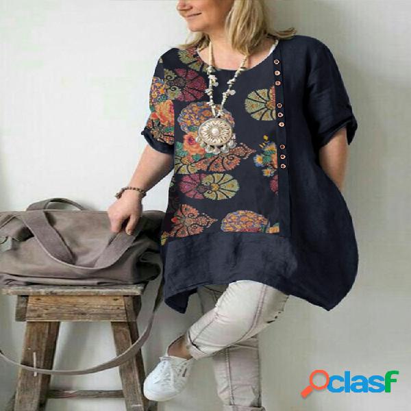 Vintage Flowers Print Patchwork Plus Tamanho Camiseta