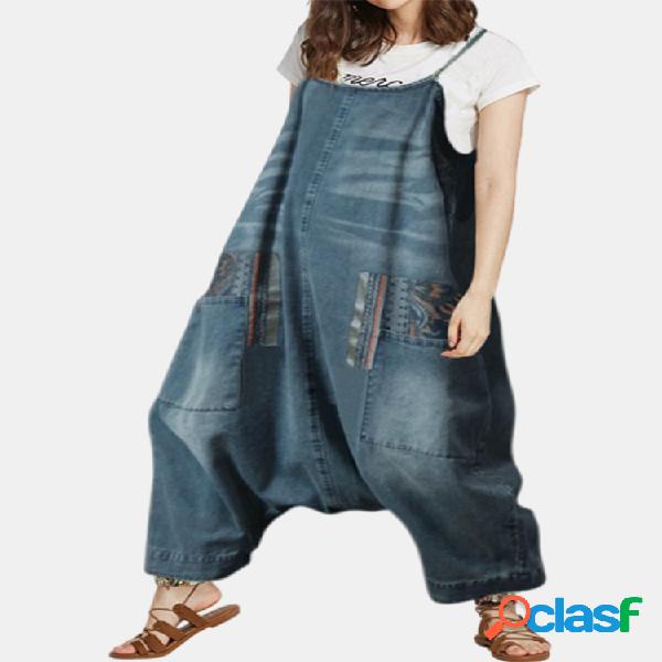 Vintage Imprimir Cinta Gota Plus Tamanho Denim Jumpsuit com