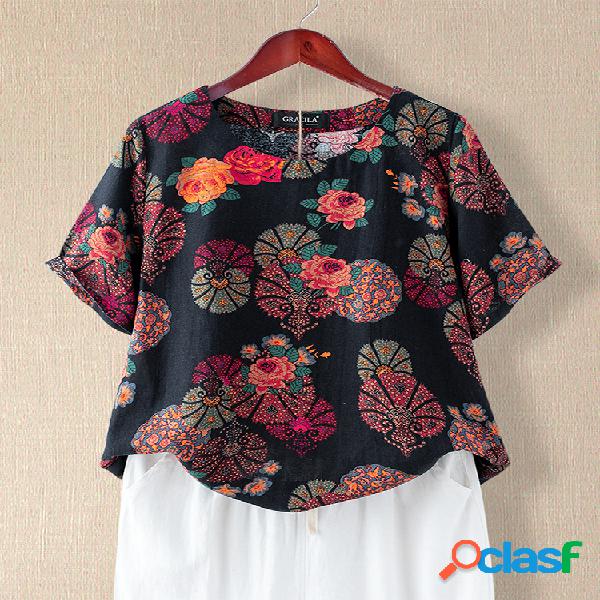 Vintage Imprimir manga curta T-shirt para as mulheres