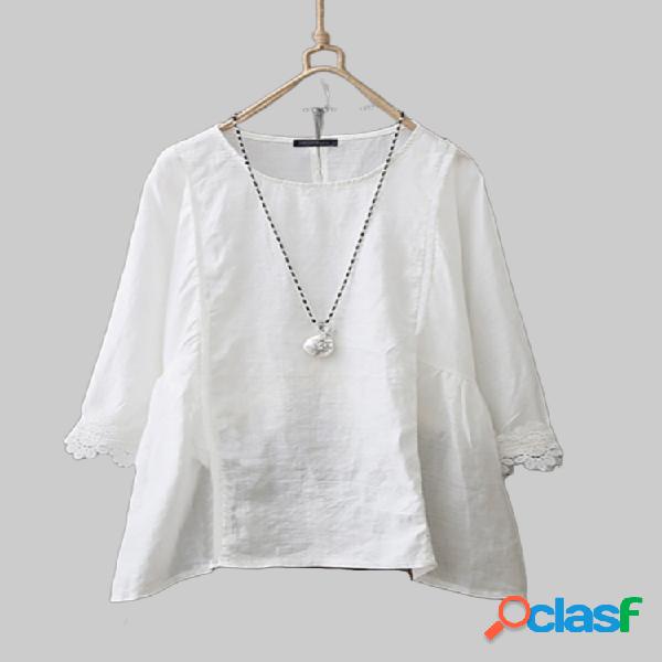 Vintage Lace Solid Color 3/4 Sleeve Plus Blusa de algodão