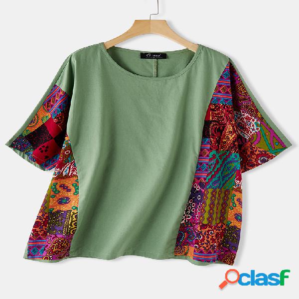 Vintage Print Patchwork O-neck Plus Blusa de tamanho