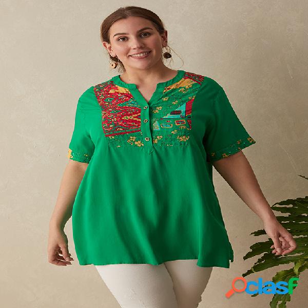 Vintage Print Patchwork Plus Blusa de tamanho