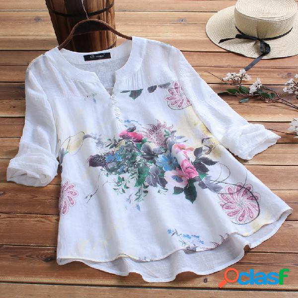 Vintage Print Patchwork Plus Blusa de tamanho para mulheres