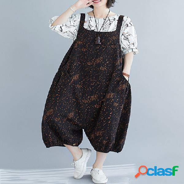Vintage Print Straps Pocket Jumpsuit Loose Para Mulheres