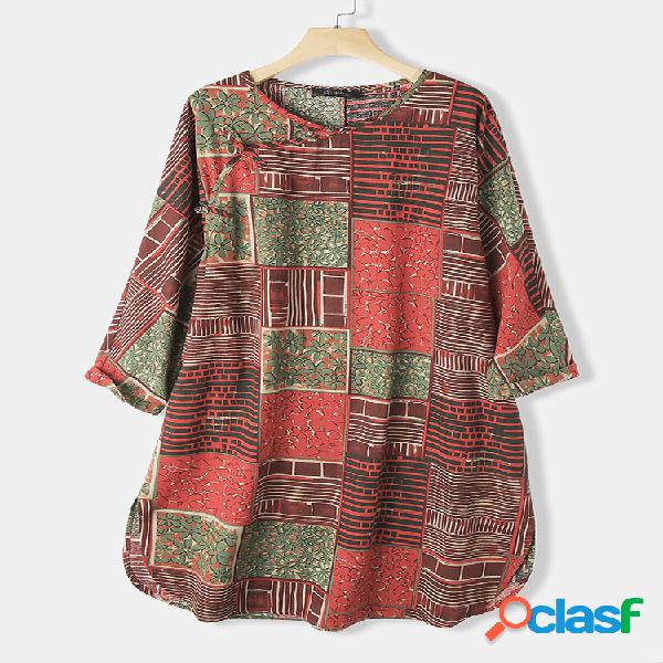 Vintage Split Print Frog Button 3/4 Manga Plus Blusa de
