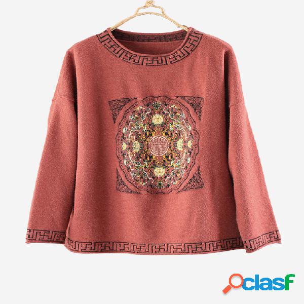 Vintage bordado gola manga longa camisola aérea