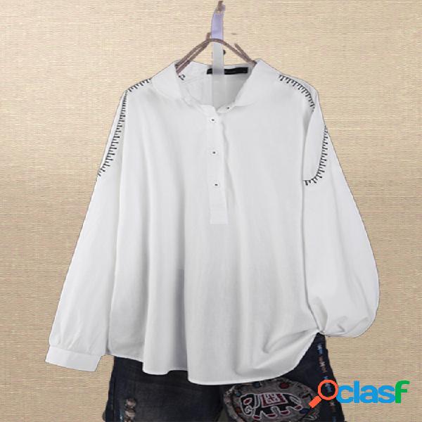 Vintage bordado lapela manga longa Plus tamanho Camisa para