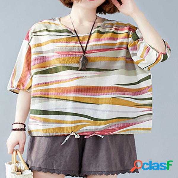 Vintage listrado cordão manga curta t-shirt casual