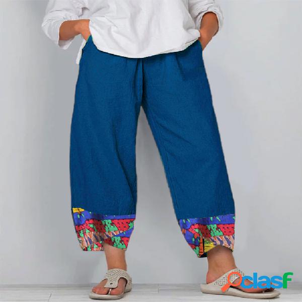 Women Vintage Print Patched Elastic Waist Casual Pant