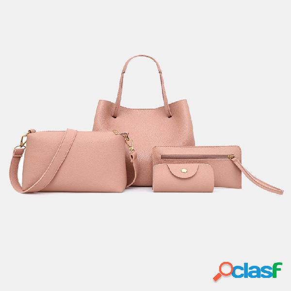 4 PCS Balde Bolsa Mulheres Plain Faux Leather Shoulder Bolsa