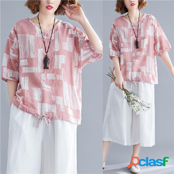 Algodão de impressão geométrica Camisa literário roupas
