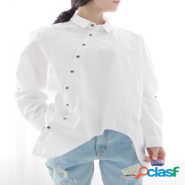 Blusa Irregular Casual Cor Pura Manga Longa Gola Ponta