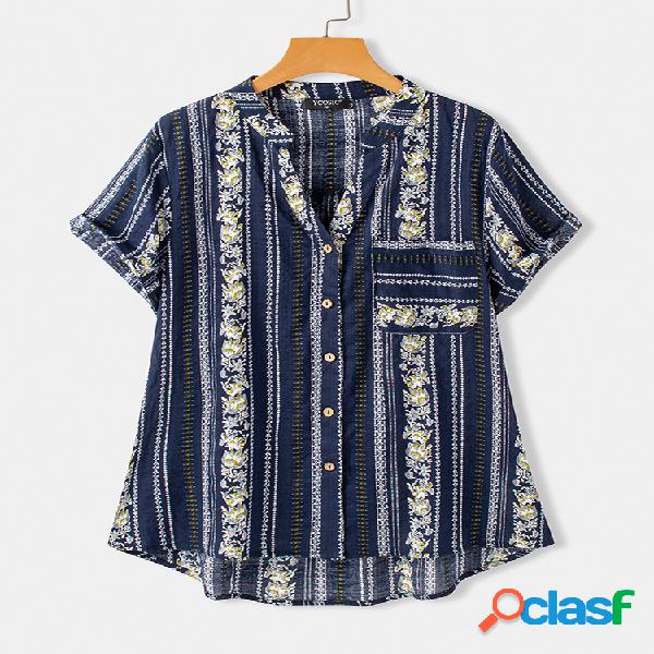 Blusa assimétrica estampada floral listrada de gola manga