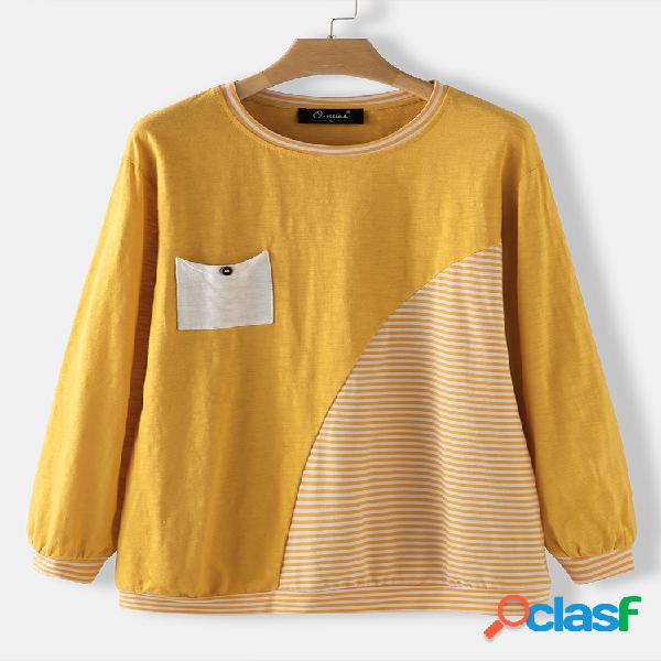Blusa listrada de retalhos Crewneck Casual Plus Tamanho para