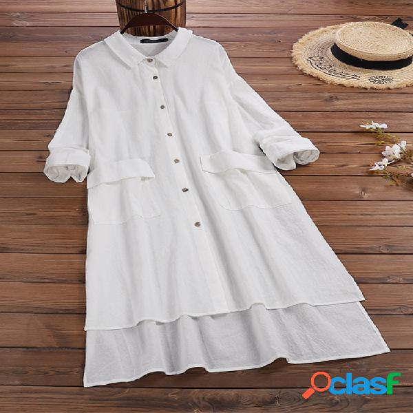 Bolsos vintage cor sólida irregular Plus tamanho Camisa
