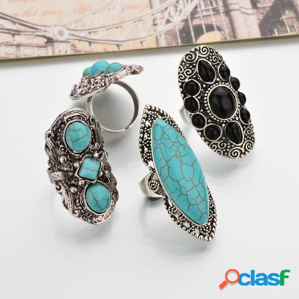 Boêmio Retro Azul Turquesa Anéis Sliver Esculpido Mulheres