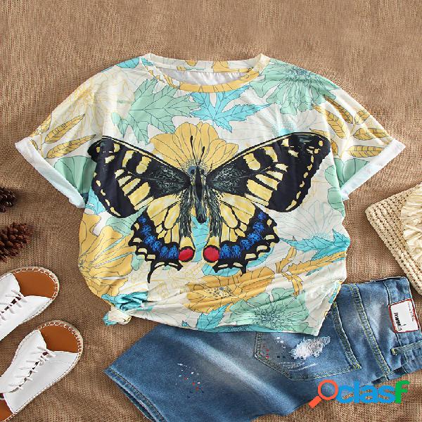 Borboleta Folhas Imprimir manga curta Casual T-shirt Para
