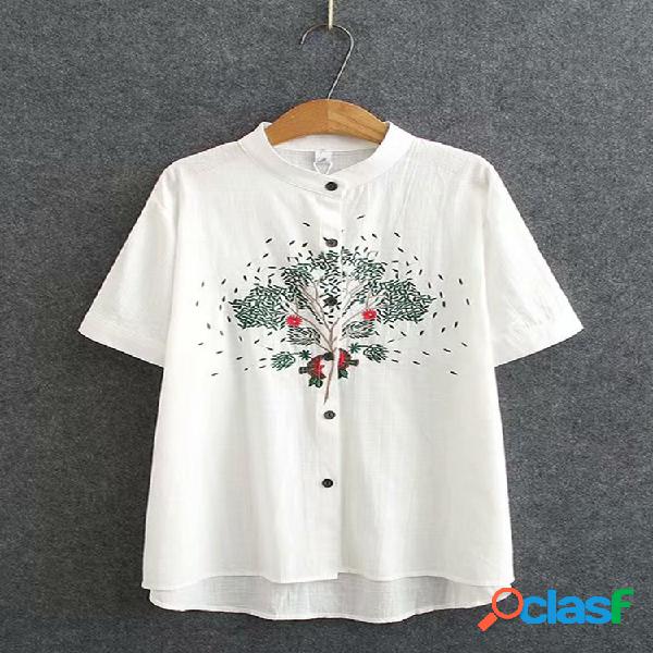 Bordado Crewneck manga curta Plus tamanho Camisa