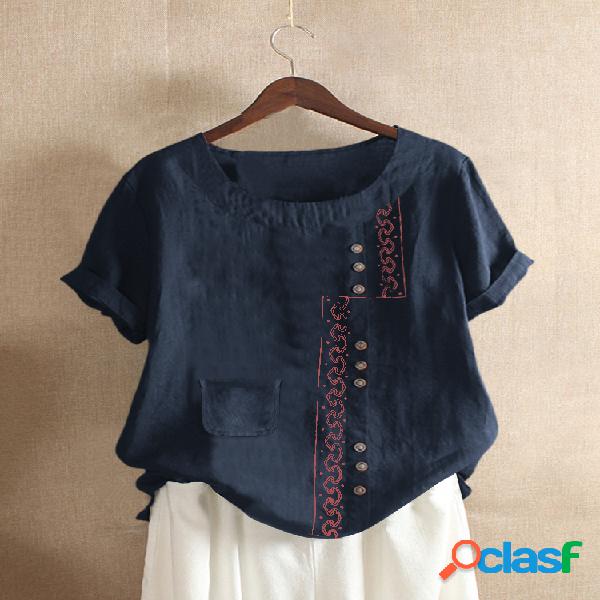 Bordado casual bolso manga curta Plus tamanho camiseta