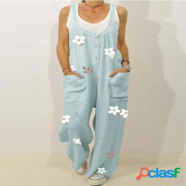 Botão Floral Cintas de impressão Loose Casual Jumpsuit