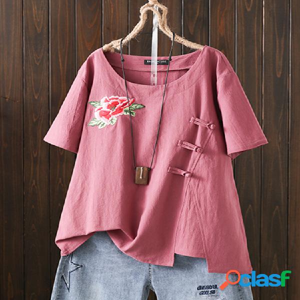 Botão bordado sapo flor Plus tamanho camiseta