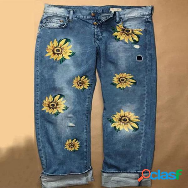 Botão impresso girassol solta reta perna larga denim