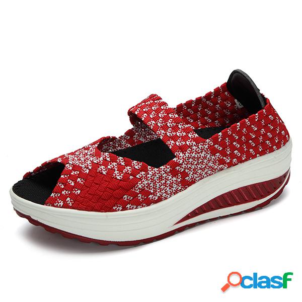 Calçados Tricotados Femininos Peep Toe Sola de Plataforma