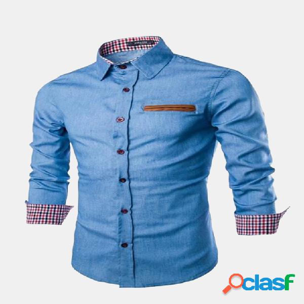 Camisa Causal Masculina de Algodão Brim Lavado Ajuste Fino