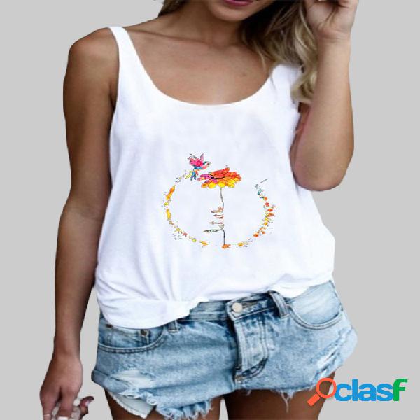 Camisola de alças casual sem mangas com estampado de flores