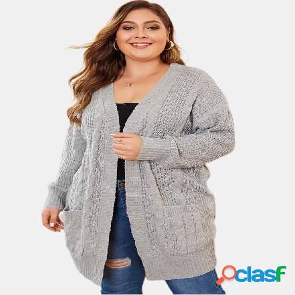 Cardigan de malha de cor sólida com decote em V casual Plus