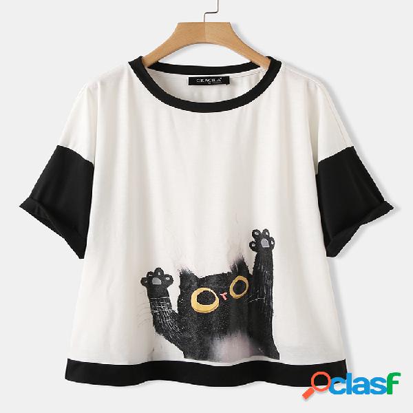 Casual Cat Print T-shirt de manga curta O-pescoço Overhead