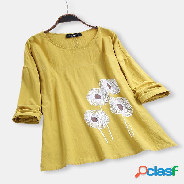 Casual Flores Imprimir Gola manga comprida Plus Blusa de