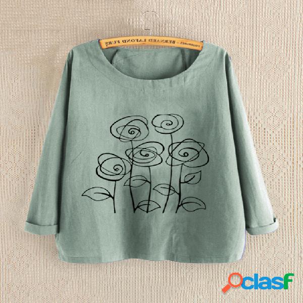 Casual Flowers Print Plus Blusa de tamanho para mulheres